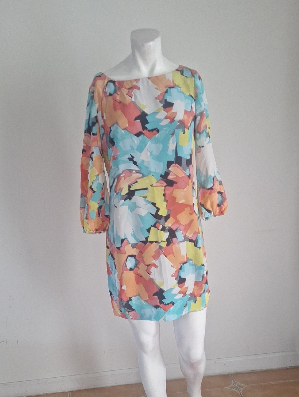 Elegant Trina Turk Colorblock  Mini Dress Turquoise, Coral Yellow Sz 4 100% Silk